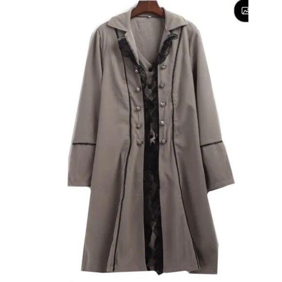 Women's Medieval/Gothic Steampunk Pirate Trench Coat Jacket Size XL Gray Lace - Picture 13 of 14
